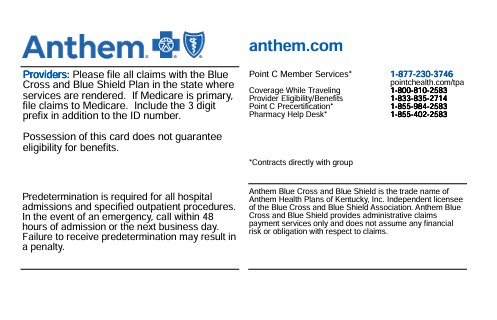 Example back of an Anthem card showing Point C Member Services